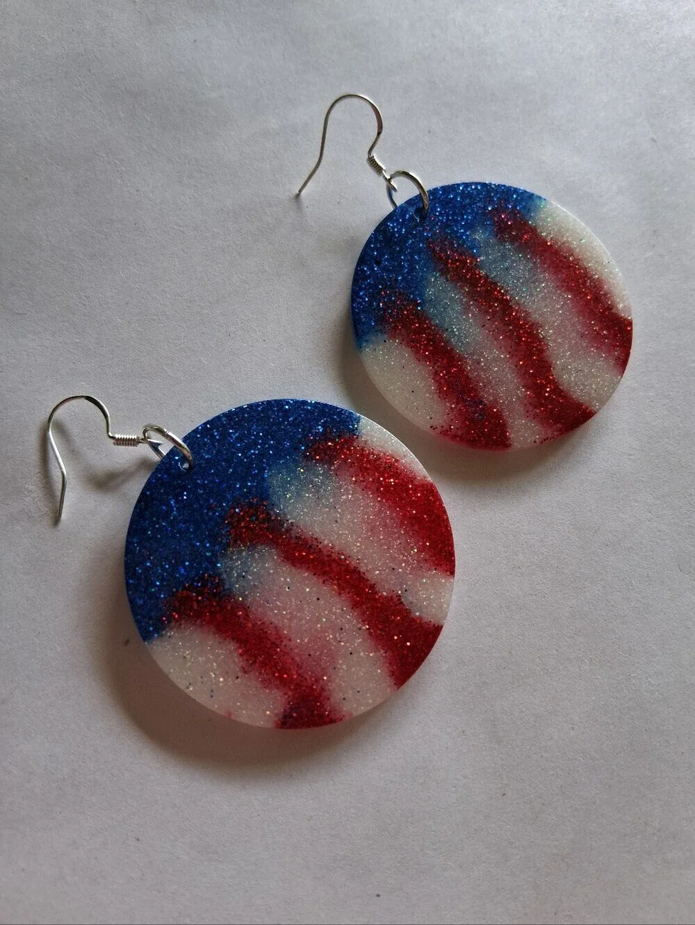 Hand Crafted Red White Blue Glitter Round Dangle Earrings